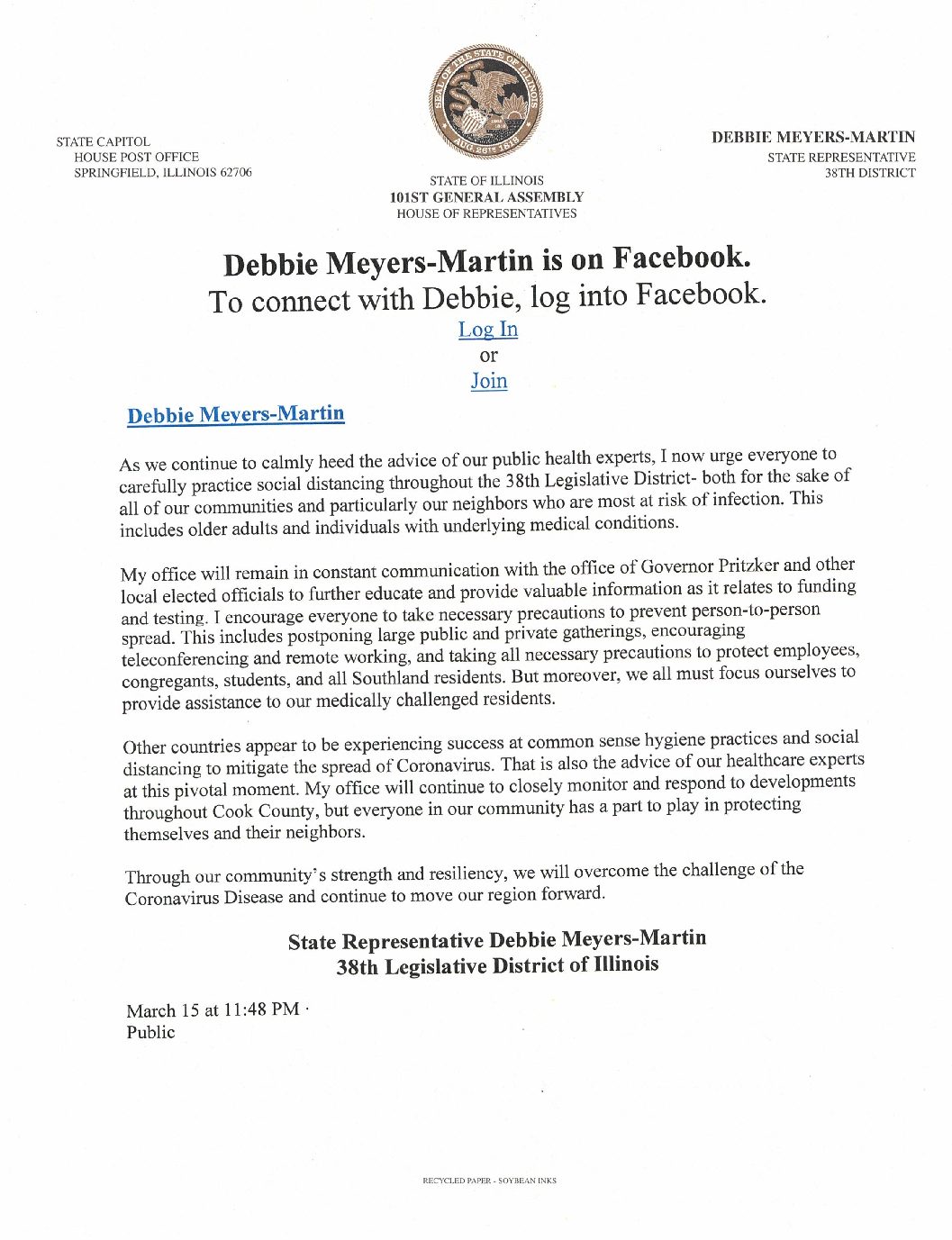 Debbie Meyers-Martin Corona Virus Announcement
