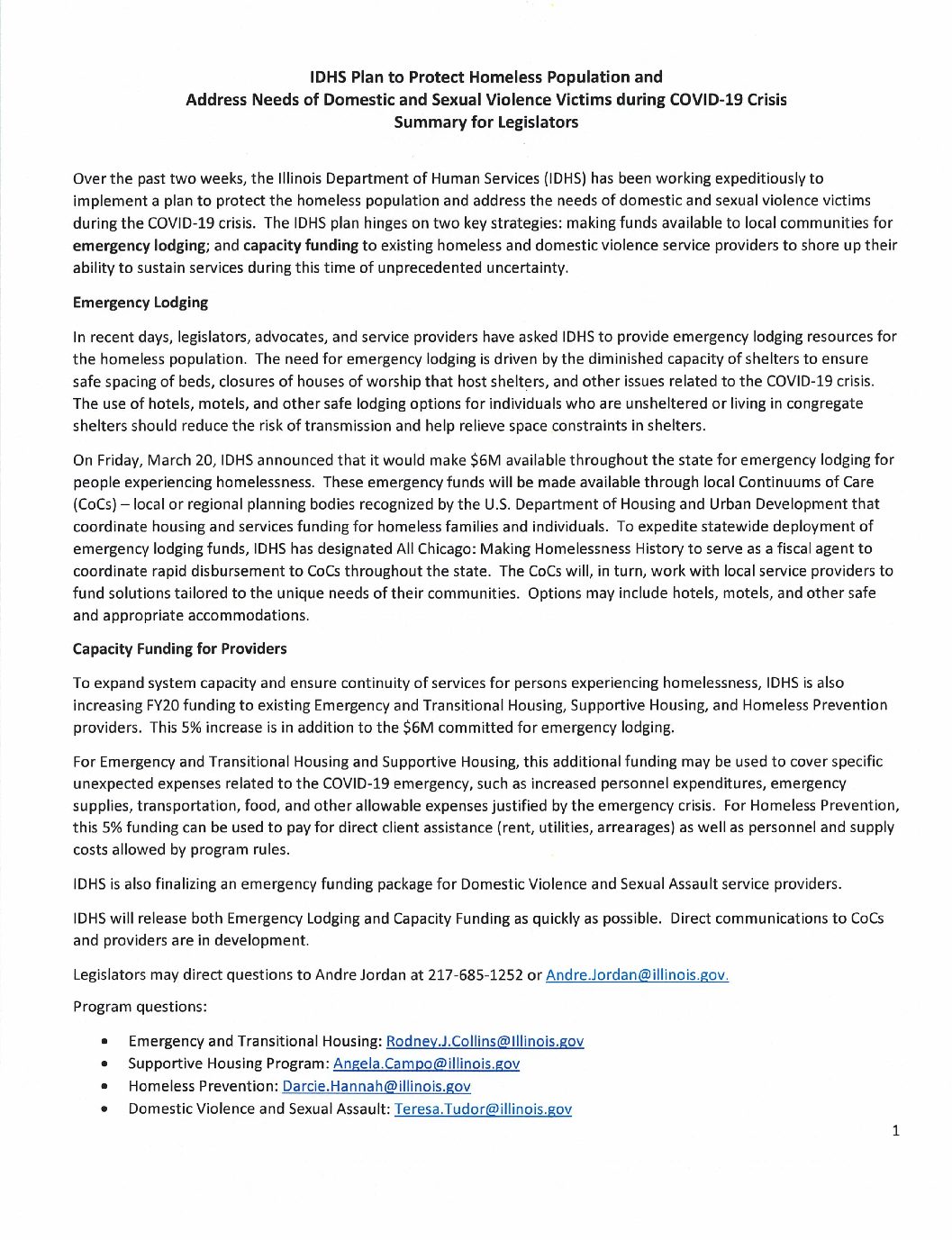 IDHS plan to protect the homeless, and address the needs of sexual and domestic violence victims during the COVID-19 crisis.